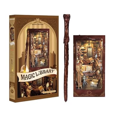 Book Nook Kit w/Remote Wand, DIY Dollhouse Booknook Magic 3D Bookshelf Insert Decor Craft Building Set Gift for Teens Adults as Halloween Christmas Day Gift - Magic Library-Brown - Image 6