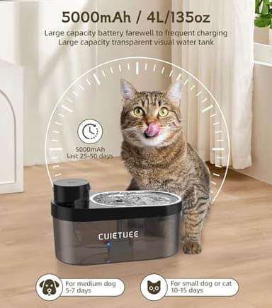 CuieTuee Cat Water Fountain 4L/135oz Battery Operated Automatic Cat Fountain Wireless Pet Water Fountain with Stainless Steel Bowl Dog Water Dispenser with Replacement Filters for Cats Dogs (Black) - Image 3