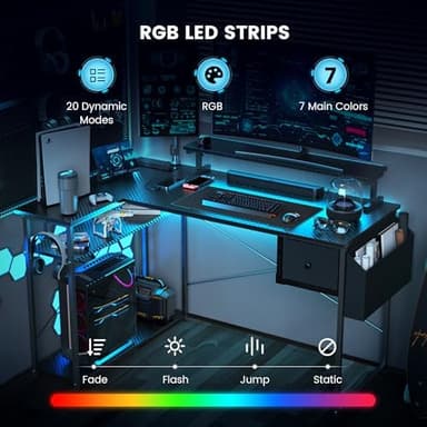 Gaming Desk, 47 inch L Shaped Gaming Desk, Computer Desk with LED Lights & Adjustable Stand, Power Outlets, Storage Drawer, Reversible with Shelves, Hook, Black Carbon Fiber - Image 4
