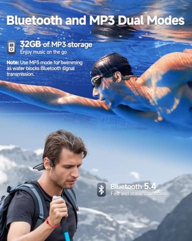 PSIER Bone Conduction Headphones IPX8 Waterproof Swimming Headphones Open Ear Headphones with MP3 Mode 32GB Memory Up to 8 Hours Playtime Bluetooth 5.4 Ear Buds Secure Fit for Running and Fitness - Image 3