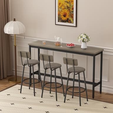 Elevon 63 in Long Bar Table Set with 3 PU Upholstered Bar Stools, Dining Table and Chair Sets, Industrial Tall Coffee Table and Back Chair for Kitchen, Living Room, Party Room, Small Space, Pub, Gray - Image 2