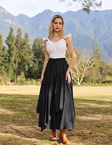 Scarlet Darkness Long Skirts for Women Renaissance Costume Pirate Maxi Skirt Plus Size with Pockets Black XL - Image 2