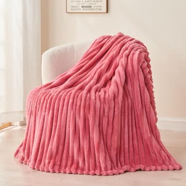 NEWCOSPLAY Super Soft Queen Blanket Coral Pink Premium Silky Flannel Fleece 3D Ribbed Jacquard Lightweight Bed Blanket All Season Use (Coral Pink Ribbed, Queen(90"x90")) - Image 9