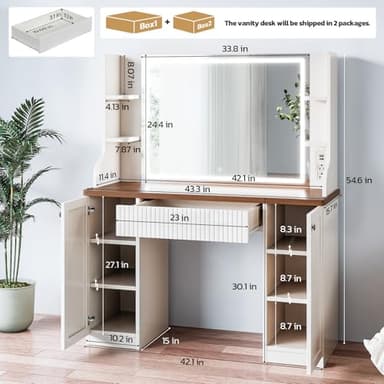 Makeup Vanity Desk with Mirror and Lights, Makeup Vanity Table with Power Outlet, Dressing Table with Storage, Adjustable Shelves, Touch Control – Elegant Retro Design, White Vanity Desk with Lights - Image 2