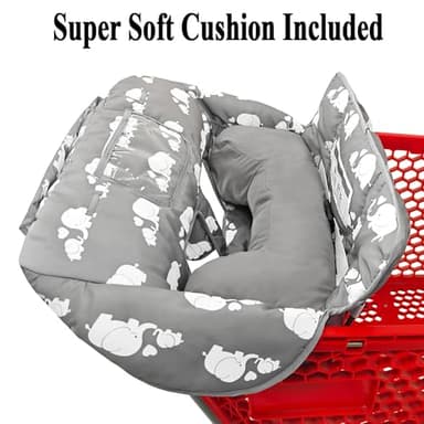 Soft Pillow Attached 2-in-1 Shopping Cart and High Chair Cover for Baby, Cotton Padded Cart Cover, Fold'n Roll Style, Portable with Carry Bag (Gray Elephant) - Image 4
