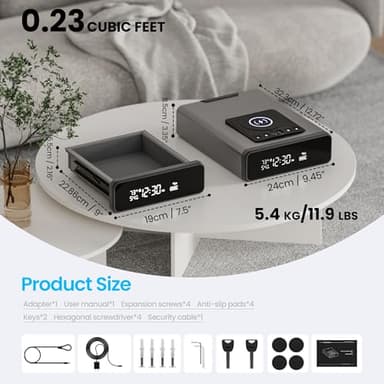 Mboko Biometric Discreet Gun Safe with 12-Hour Time Clock Display, Wireless Charging Pistol Safe for Handgun with Adjustable Brightness, Backlit Keypad, LED Light, and Auto Pop-up Access(Gray) - Image 9