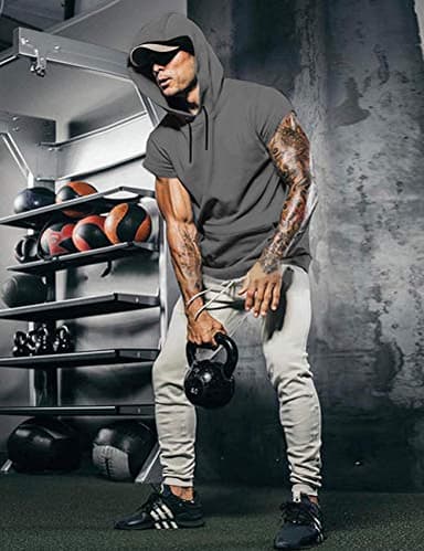 COOFANDY Gym Hoodie for Men Workout short sleeve hoodies Pullover athletic muscle fit hooded sweatshirts Dark Grey - Image 3