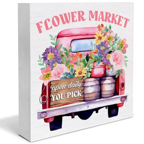 Spring Decor - Spring Sign Decorations Flower Market Wood Block Plaque Sign for Home Desk Table (5 x 5 Inches) - Image 1