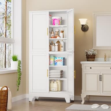 GAIOUS 75.2" Tall Metal Pantry Cabinet, Kitchen Pantry Storage Cabinets with 4 Door and 4 Adjustable Shelves, White Storage Cabinet, Freestanding Cupboard for Kitchen Dining Room Living Room Bathroom - Image 6