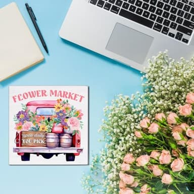 Spring Decor - Spring Sign Decorations Flower Market Wood Block Plaque Sign for Home Desk Table (5 x 5 Inches) - Image 6