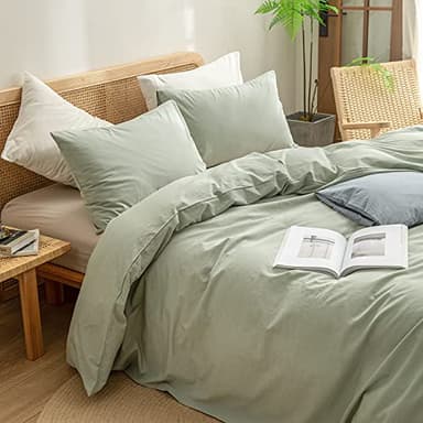 BESTOUCH Duvet Cover Set 100% Washed Cotton Linen Feel Super Soft Comfortable Chic Lightweight 3 PCs Home Bedding Set Sage Green Queen - Image 2