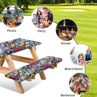 XUANQIFC Picnic Table Cover with Bench Covers, 3 Pcs 72" Outdoor Waterproof Tablecloth with Elastic Edges and Flannel Backing Rectangle Tablecloth for RV BBQ Camping 6 Foot Tables (Black 72" x 30") - Image 5