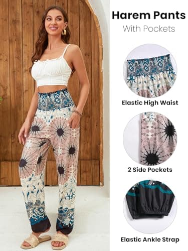 QIANXIZHAN Women's Harem Pants, High Waist Yoga Boho Trousers with Pockets Apricot Flower XL - Image 3