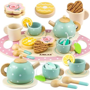 Wooden Tea Set for Little Girls Play Food Pretend Play Kitchen Accessories for 3 4 5 Years Old Girls and Boys Toddler Princess Tea Time Party Food Toys - Image 1