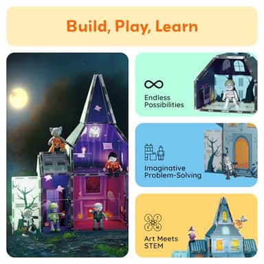 PicassoTiles Haunted House Theme Magnet Tile Building Blocks 8 Action Figures Magnetic Construction Toy Double Sided Printing Education STEM Learning Playset Halloween Adventure Kid Ages 3+ PTQ03 - Image 5