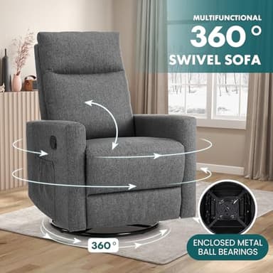 SMUG Swivel Rocking Recliner Chair with Extra Large Footrest High Back, Upholstered Glider Nursery Chair for Living Room, Bedroom & Nursery, Comfortable Deep Seat for Relaxation, Grey - Image 3