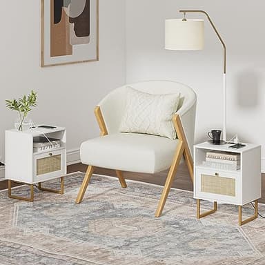 Masupu Rattan Nightstand with Charging Station,Modern Boho Farmhouse Wood Bedside Table with Storage Drawer and Open Shelf,Small Gold Frame Side End Table for Bedroom,Living Room,Office White - Image 6