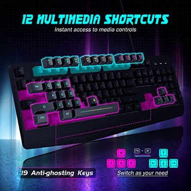 yesbeaut Gaming Keyboard, 7-Color Rainbow LED Backlit, 104 Keys Quiet Light Up Keyboard, Wrist Rest, Whisper Silent, Anti-ghosting Multimedia Keys, Waterproof USB Wired Keyboard for PC Mac Xbox - Image 5