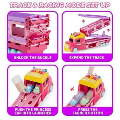 Funwee Car Toys for Age 2 3 4 5 6 7 Year Girl Toddler, Foldable Track & 2 Player Race Mode Game, Light & Sound Push Transport Carrier Truck W/ 6 Princess Car, Birthday Gift Idea for Kid - Image 4