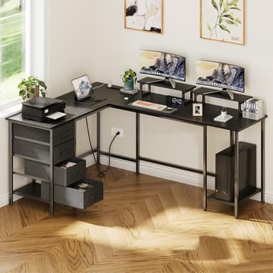 Korfile 66" L Shaped Computer Desk, 94.4'' Home Office Desk with Power Outlets, 4 Adjustable Storage Drawers & 2 Monitor Stands, Large Two Person Gaming Table for Writing Study, Black - Image 9