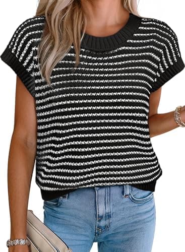 EVALESS Women's Sweater Short Sleeve Round Neck Basic Loose Fit Ribbed Knit Pullover Striped Sweaters 2025 Spring Clothes Color Black Stripe Large - Image 1