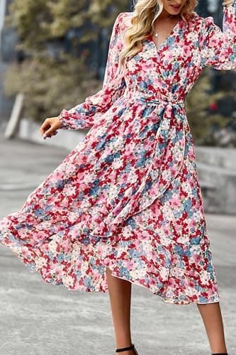 PRETTYGARDEN Women's Floral Boho Dress Fall Long Sleeve Wrap V Neck Ruffle Flowy Maxi Spring Wedding Guest Vacation Dresses - Image 5