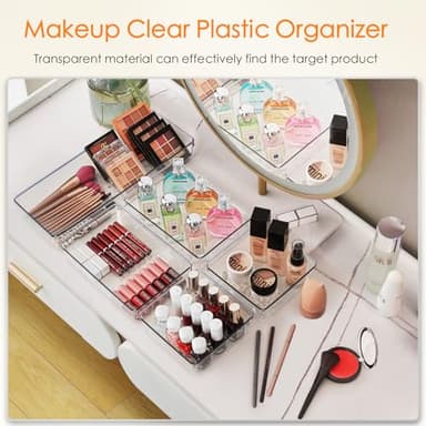 Criusia Drawer Organizer, 10 Pack Large Clear Plast Set, 3 Size Versatile Bathroom and Vanity Organizer Trays, Storage Bins for Makeup, Bedroom, Kitchen Utensils - Image 5