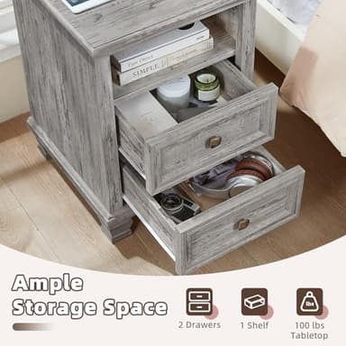 SAVOR LIFE Farmhouse Nightstand Set of 2 with Charging Station, Rustic Grey Nightstand,2 Drawers End Table for Living Room,Bedside Table with Open Shelf for Bed Room,Grey - Image 5