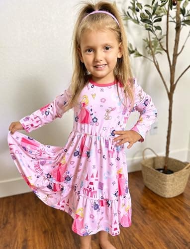 Disney Princess Aurora Dress Toddler Girl Floral Skater Dresses Long-Sleeve Casual A-Line Playwear Kids Winter Fall Clothes School Outfit Pink 2T - Image 4
