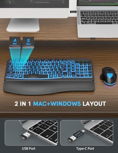SABLUTE Ergonomic Wireless Keyboard and Mouse Combo - Wave Keyboard with Soft Leather Wrist Rest, Resistant Keys, RGB Backlit Rechargeable Set for PC/Mac/Chromebook (Black) - Image 5