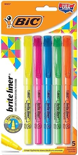 BIC Brite Liner Highlighters, Chisel Tip, 5-Count Pack of Highlighters Assorted Colors, Ideal Highlighter Set for Organizing and Coloring - Image 2
