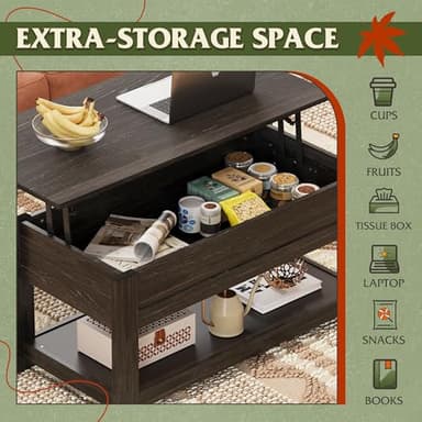 WLIVE Coffee Table, 39" Lift Top Coffee Table with Hidden Compartment and Storage Shelf for Living Room, Espresso - Image 4