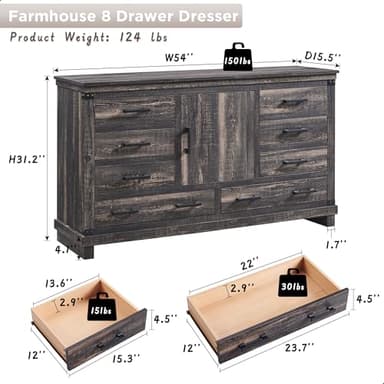 T4TREAM Farmhouse 8 Drawers Dresser for Bedroom, 54" Wide Wood Chest of Drawers w/Storage Cabient & Adjustable Shelf, Rustic Dressers Organizer for Living Room, Hallway, Dark Rustic Oak - Image 2