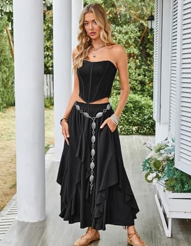 Women Summer Casual Long Skirt A Line Swing Ruffled Skirt with Pockets Black XL - Image 4