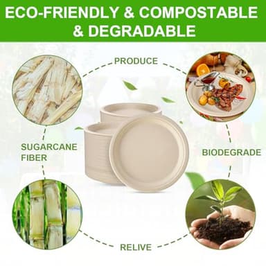 JOLLWEI 10 Inch Compostable Disposable Paper Plates, 150 Pack Heavy Duty Paper Plates, Made Of Eco-Friendly, Natural Sugarcane Bagasse - Image 3