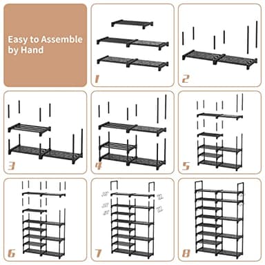 ROJASOP Shoe Rack Organizer, 8-Tier Metal Shoe Rack for Closet Entryway Garage, 26-32 Pairs Tall Shoe Boot Storage Shelf with 15 Hooks, Stackable Large Shoe Stand - Image 8