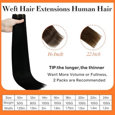 Full Shine Sew In Hair Extensions Real Human Hair Black Weft Hair Extensions Human Hair Sew In Extensions Double Weft Color Jet Black Human Hair Bundles 22Inch 105G - Image 3