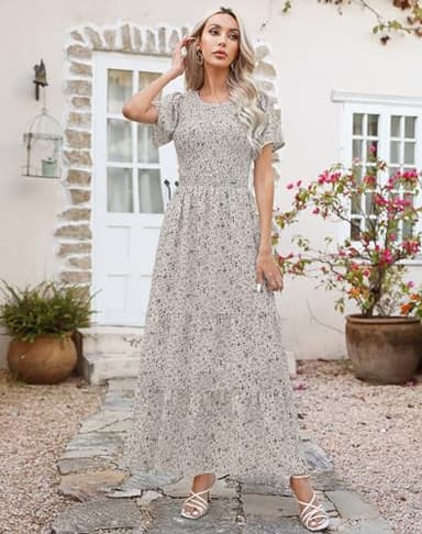 Kranda Summer Dresses for Women 2025 Crew Neck Flutter Short Sleeve Tiered Ruffle Smocked Floral Vacation Beach Maxi Dress Beige M - Image 7