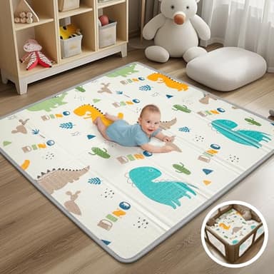 Foldable Baby Play Mat - PIGLOG 50X50 Waterproof Playpen Mat for Babies and Toddlers Kids, Safe Foam Playmat for Tummy Time, Reversible Playmats, Portable Baby Floor Mat for Infant,Dinosaur - Image 1