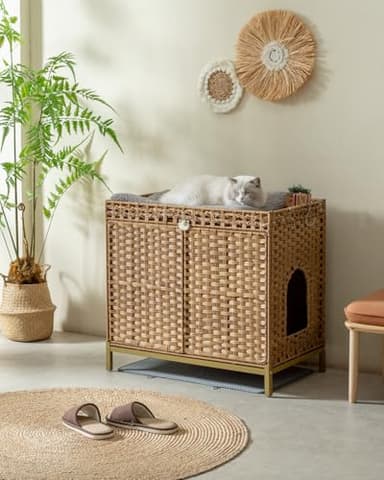 SETVSON Cat Litter Box Enclosure Furniture, Hidden Handwoven Rattan Litter Box with Mat, Large Cat House with Metal Heightened Feet, 30.3 x 18.3 x 28 Inches, Indoor for Living Room, Bedroom Natural - Image 6