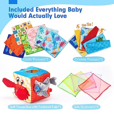 hahaland Baby Tissue Box Toy - Baby Toys 6-12 Months Montessori Toys for 6 Month Old with Textured Tails, Crinkle Tissues, Squeaky, Mirror, Gifts Play Silks Sensoy Scarves for Babies Stocking Stuffers - Image 9