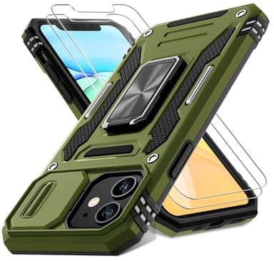 DEERLAMN Case for iPhone 11 with Slide Camera Cover+Screen Protector(2 Packs),Rotated Ring Kickstand Military Grade Shockproof Protective Cover-Olive Green - Image 1