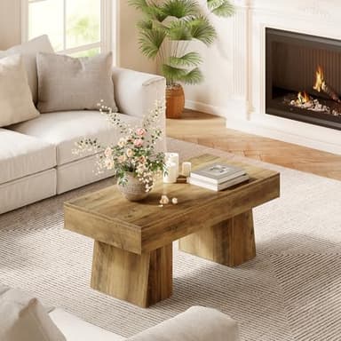 LITTLE TREE Farmhouse Coffee Table, 47 Inches Wooden Rectangular Accent Center Tables with Thick Base, Modern Low Cocktail Tea Furniture for Living Room (Rustic Brown) - Image 6