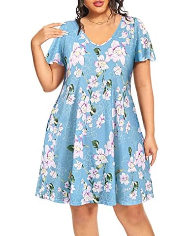Pinup Fashion Plus Size Dress Women Hawaiian Tshirt Blue Floral Pockets Casual Summer Swing Beach Sundresses Short Sleeve Tie Back - Image 4