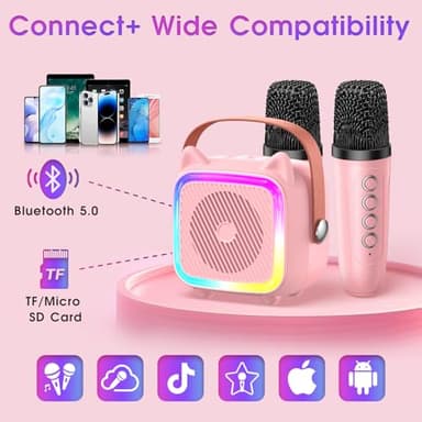 SXH Mini Karaoke Machine for Kids Portable Karaoke Machine with 2 Bluetooth Wireless Microphones,Birthday Gifts Toys for Girls Ages 3, 4, 5, 6, 7, 8, 9,10,11,12+ Years Old (Pink 2 Mics) - Image 5