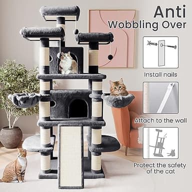SHA CERLIN 68 Inches Multi-Level Large Cat Tree for Large Kitties/Big Cat Tower with Condo/Cozy Plush Pussycat Perches/Sisal Scratching Posts and Hammocks/Activity Center/Dark Grey - Image 7