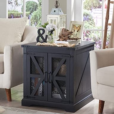 JXQTLINGMU Farmhouse End Table, 24" Large Sofa Side Table with Charging Station, Mesh Barn Door, and Adjustable Storage Shelf, Rustic Wood Square Nightstand for Living Room, Bedroom, Office, Black - Image 7