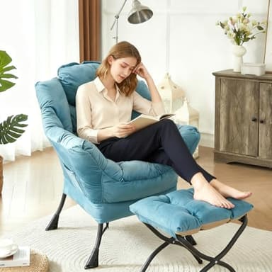 HollyHOME Lazy Chair with Foldable Ottoman, Accent Comfy Lounge Armchair and Folding Footrest Stool, Leisure Sofa Reading Chair and Footstool for Living Room, Bedroom, Dorm,Blue - Image 2