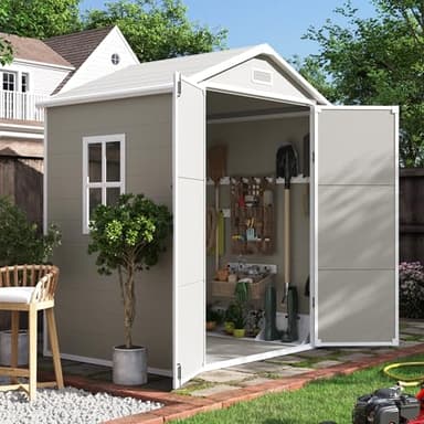UDPATIO Outdoor Storage Shed 6x4.5 FT, Plastic Resin Outside Sheds & Outdoor Storage for Trash Can, Bike, Lawnmower, Generator, Tool Shed with Lockable Door for Backyard, Lawn, Patio, Light Brown - Image 1