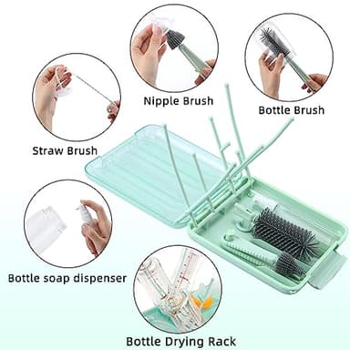 Maclined Travel Baby Bottle Drying Rack Set with Extendbale Protable Silicone Bottle Brush, Nipple Cleaner Brush,Straw Brush Compact Size Baby Essential for Newborn & Moms (Green) - Image 3